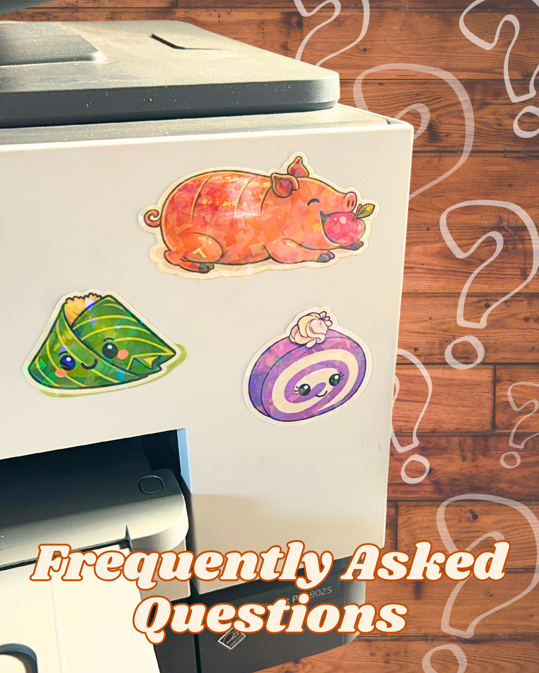 Colorful filipino food stickers stuck to an office printer