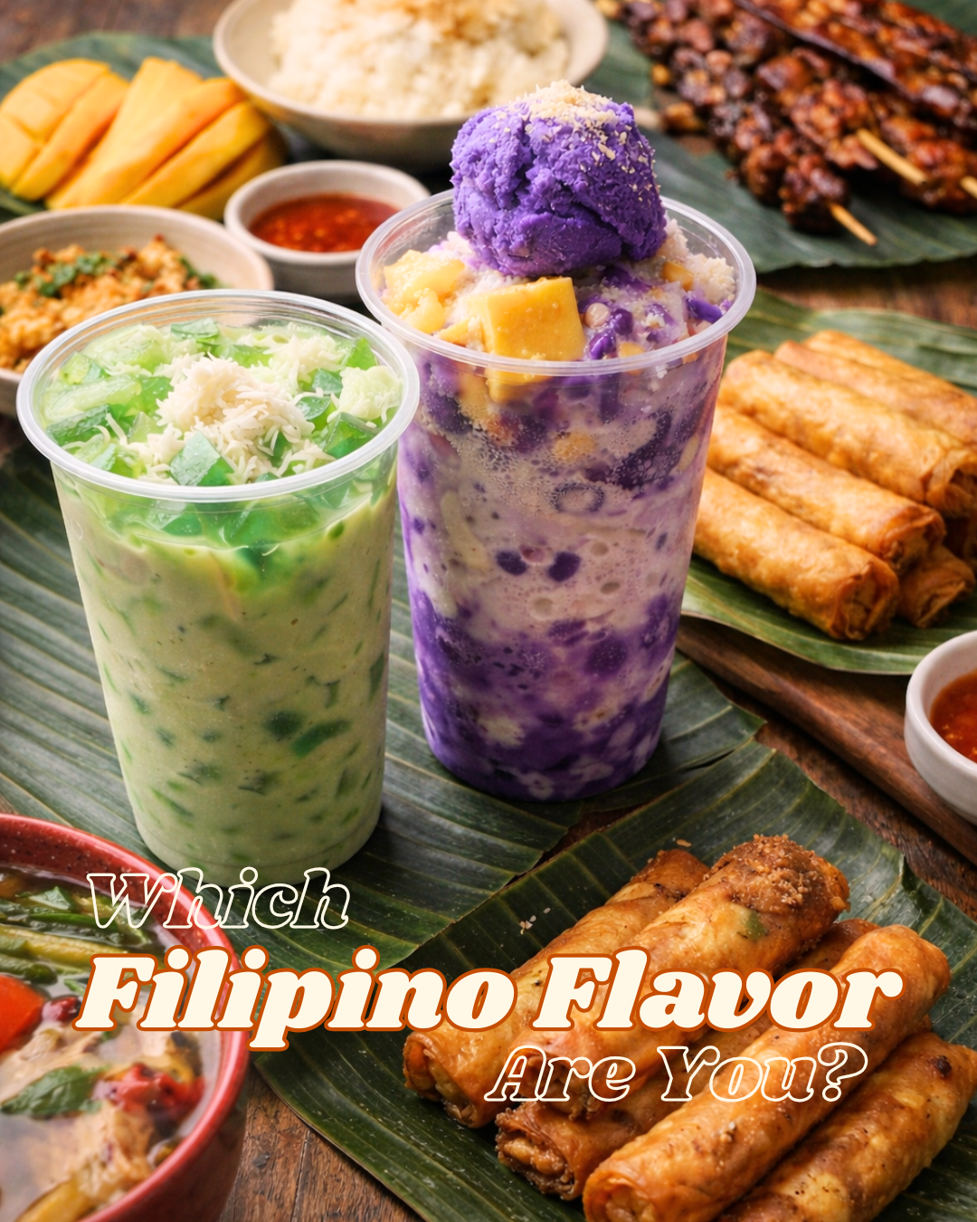 Filipino desserts and savory dishes arranged kamayan-style on banana leaves