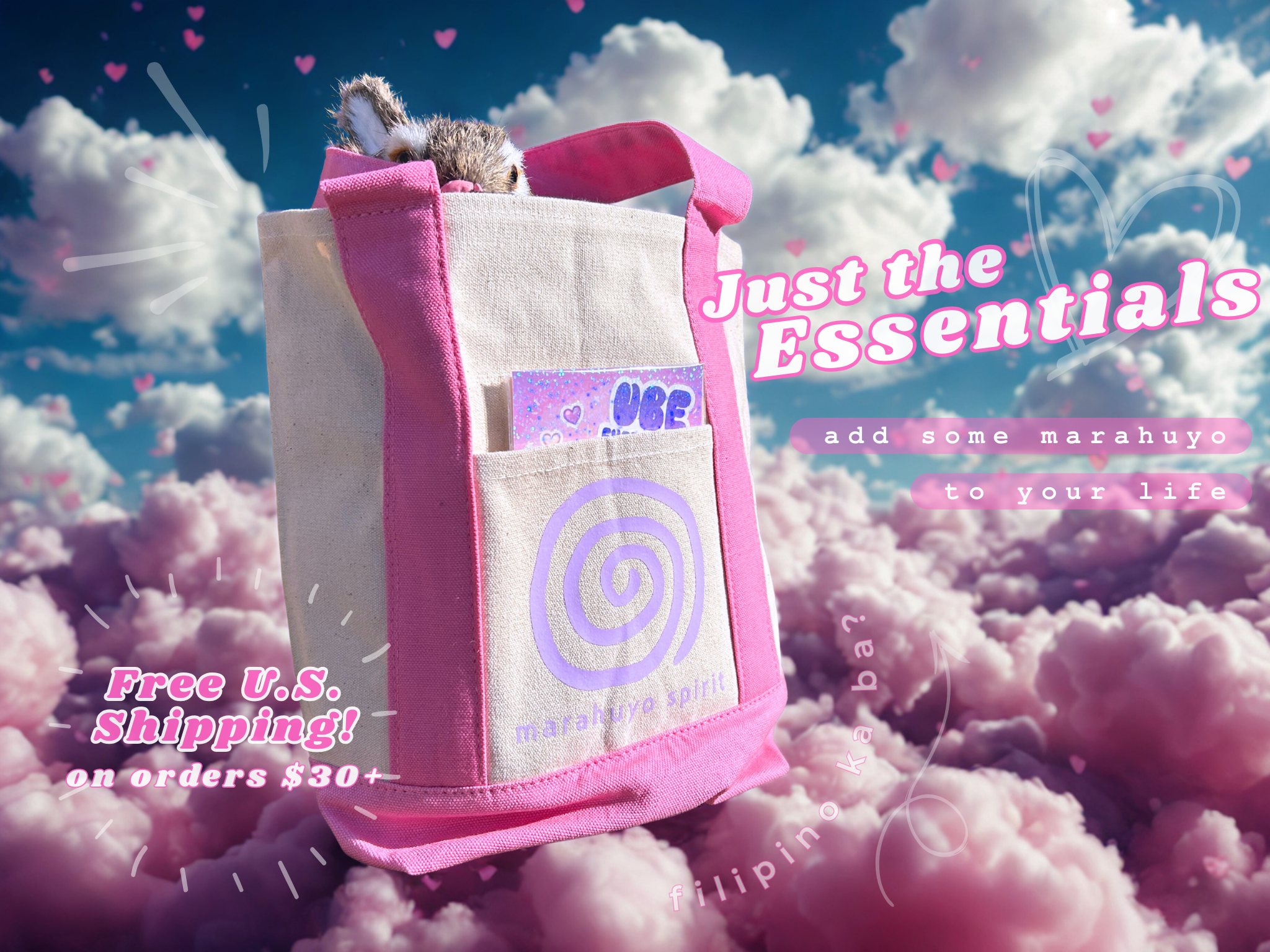 Tan and pink tote bag on clouds, promotional text overlay