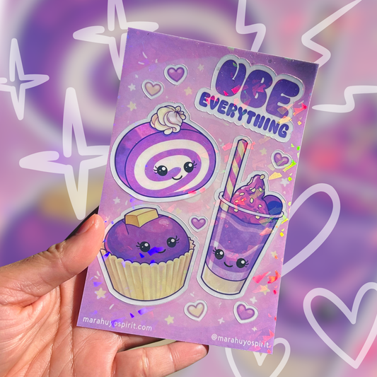 Sticker sheet with ube themed illustrations held by a hand against a colorful, abstract background.