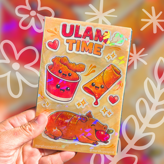 Sticker sheet with cartoon food characters and 'ULAM TIME' text on a colorful background
